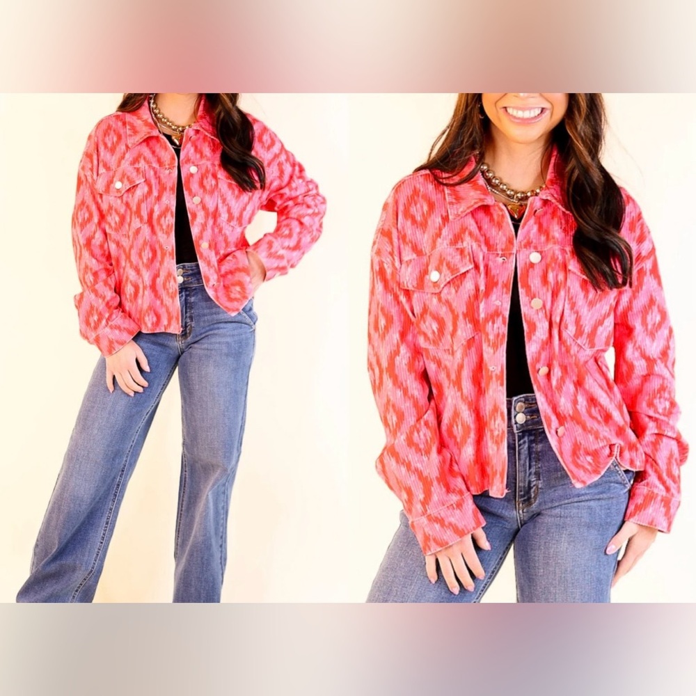 Savanna Jane Pink Patterned Button-Front Shirt Ja… - image 1